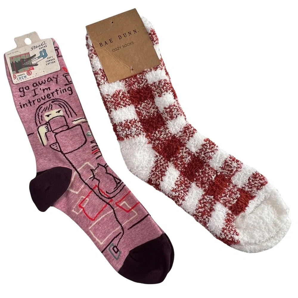 Socks Lot Rae Dunn Buffalo Plaid + Blue Q Introvert White Rust Pink Purple 4-10
